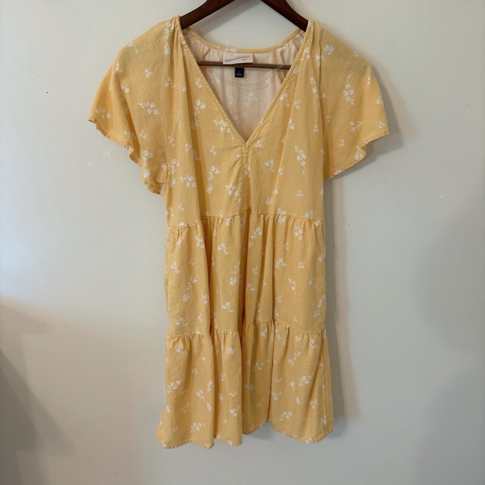 Women's Short Sleeve Woven Mini Dress - Yellow Floral S: V Neck, Side Pocket